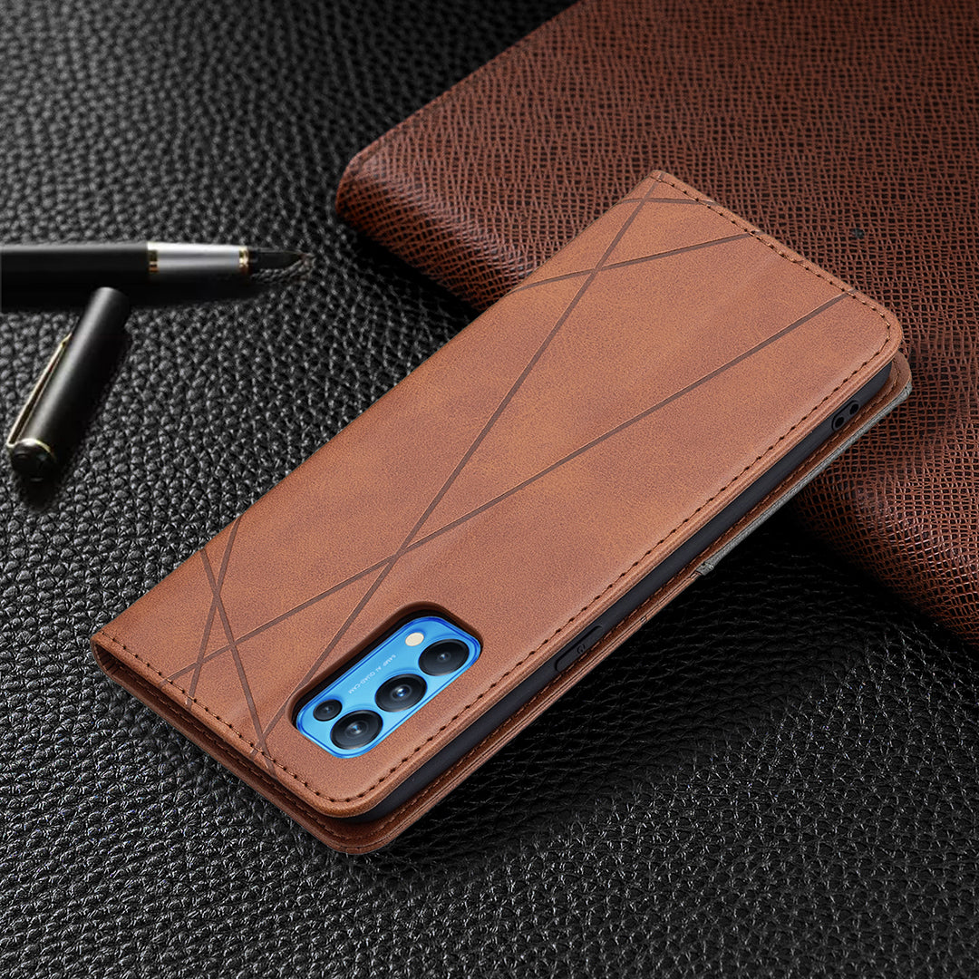 For Oppo Reno5 4G/Reno5 5G/Reno5 K/Find X3 Lite Anti-Drop Rhombus-Like Imprinting Magnetic Absorption Leather Stand Case Shell with Card Holder Design