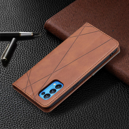 For Oppo Reno5 4G/Reno5 5G/Reno5 K/Find X3 Lite Anti-Drop Rhombus-Like Imprinting Magnetic Absorption Leather Stand Case Shell with Card Holder Design