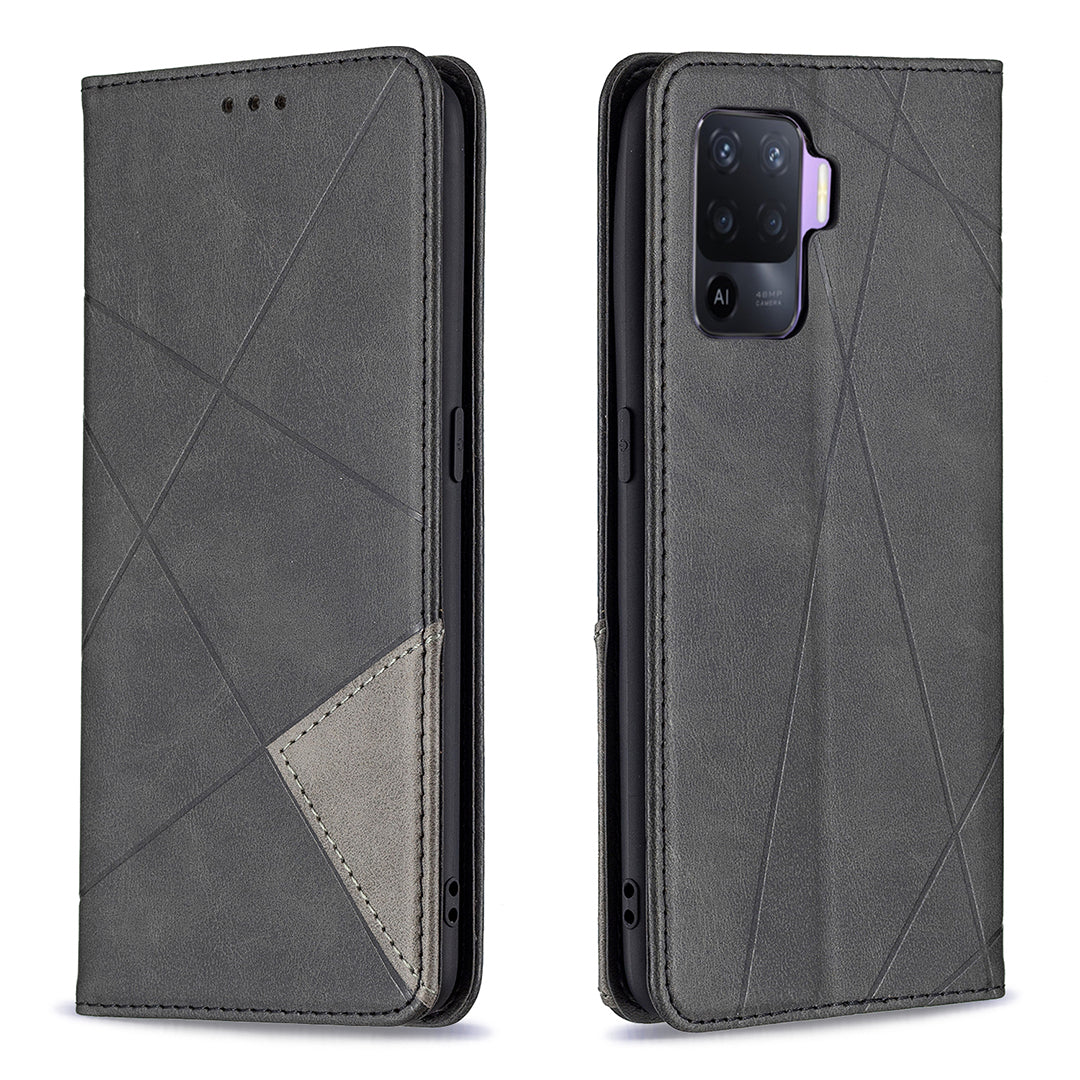 For Oppo A94 5G/F19 Pro+ 5G/A95 5G/Reno5 Z Card Holder Design Strong Magnet Rhombus-Like Imprinting Leather Stand Case Shell