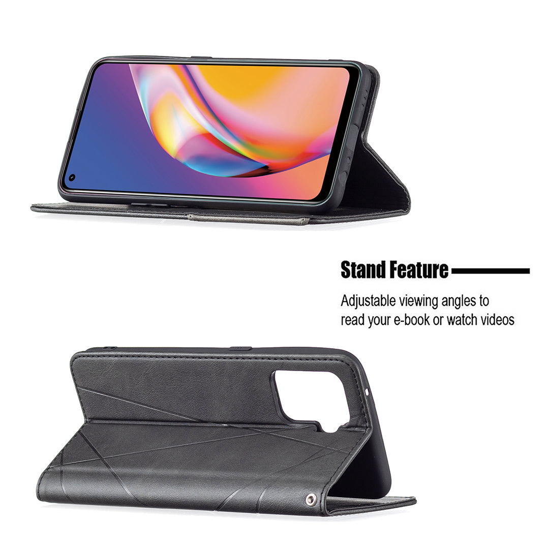 For Oppo A94 5G/F19 Pro+ 5G/A95 5G/Reno5 Z Card Holder Design Strong Magnet Rhombus-Like Imprinting Leather Stand Case Shell