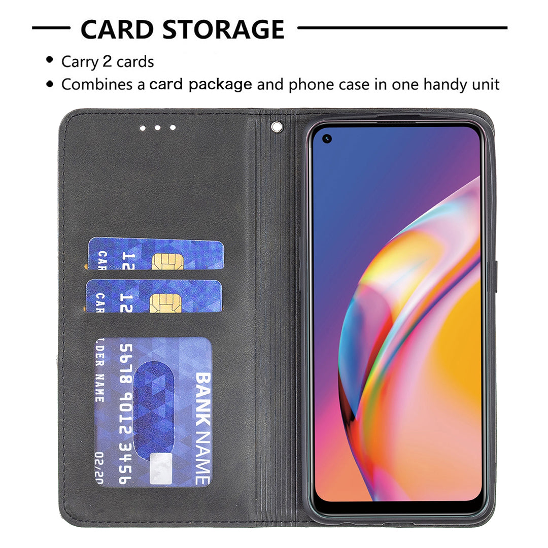 For Oppo A94 5G/F19 Pro+ 5G/A95 5G/Reno5 Z Card Holder Design Strong Magnet Rhombus-Like Imprinting Leather Stand Case Shell