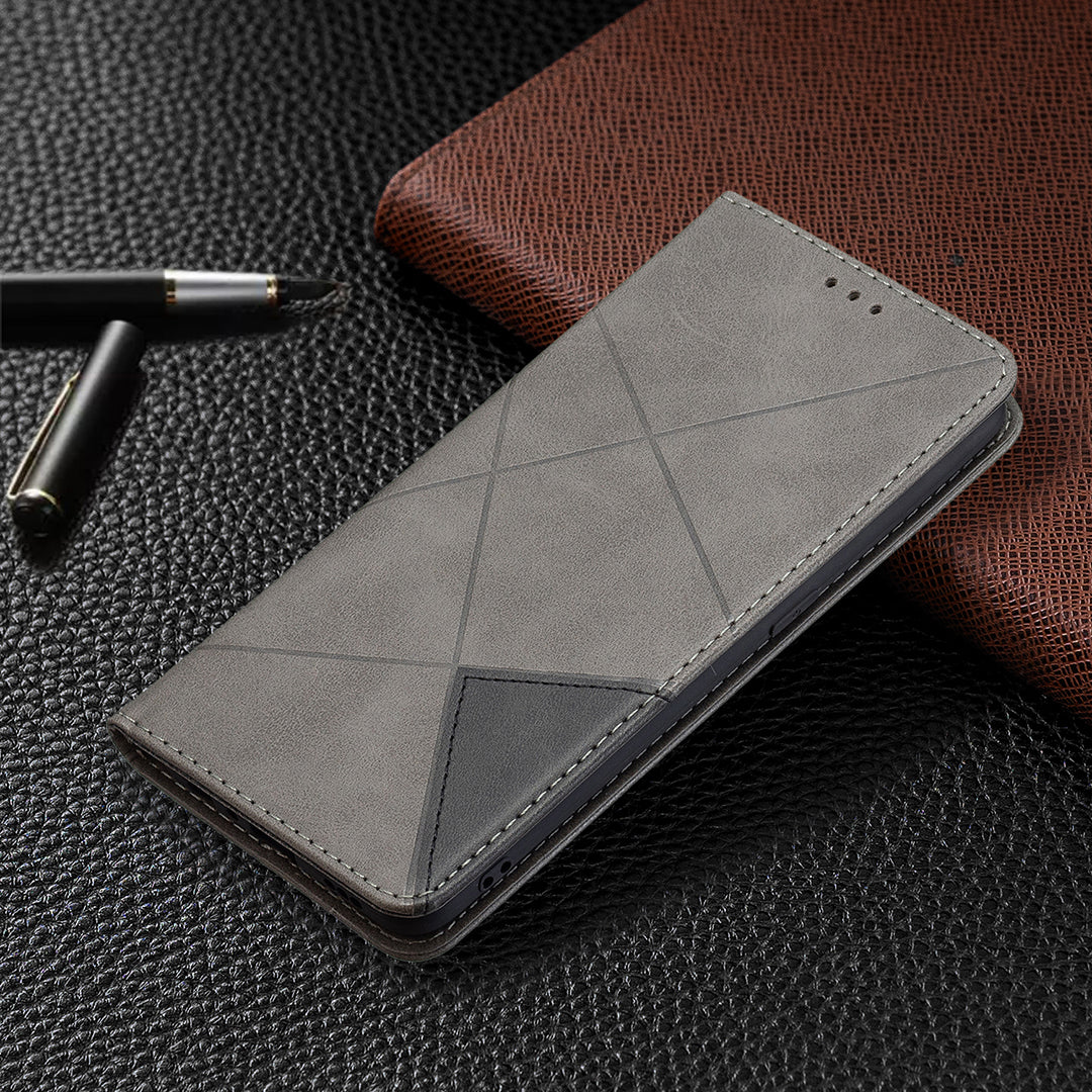 For Oppo A94 5G/F19 Pro+ 5G/A95 5G/Reno5 Z Card Holder Design Strong Magnet Rhombus-Like Imprinting Leather Stand Case Shell