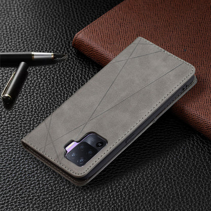 For Oppo A94 5G/F19 Pro+ 5G/A95 5G/Reno5 Z Card Holder Design Strong Magnet Rhombus-Like Imprinting Leather Stand Case Shell