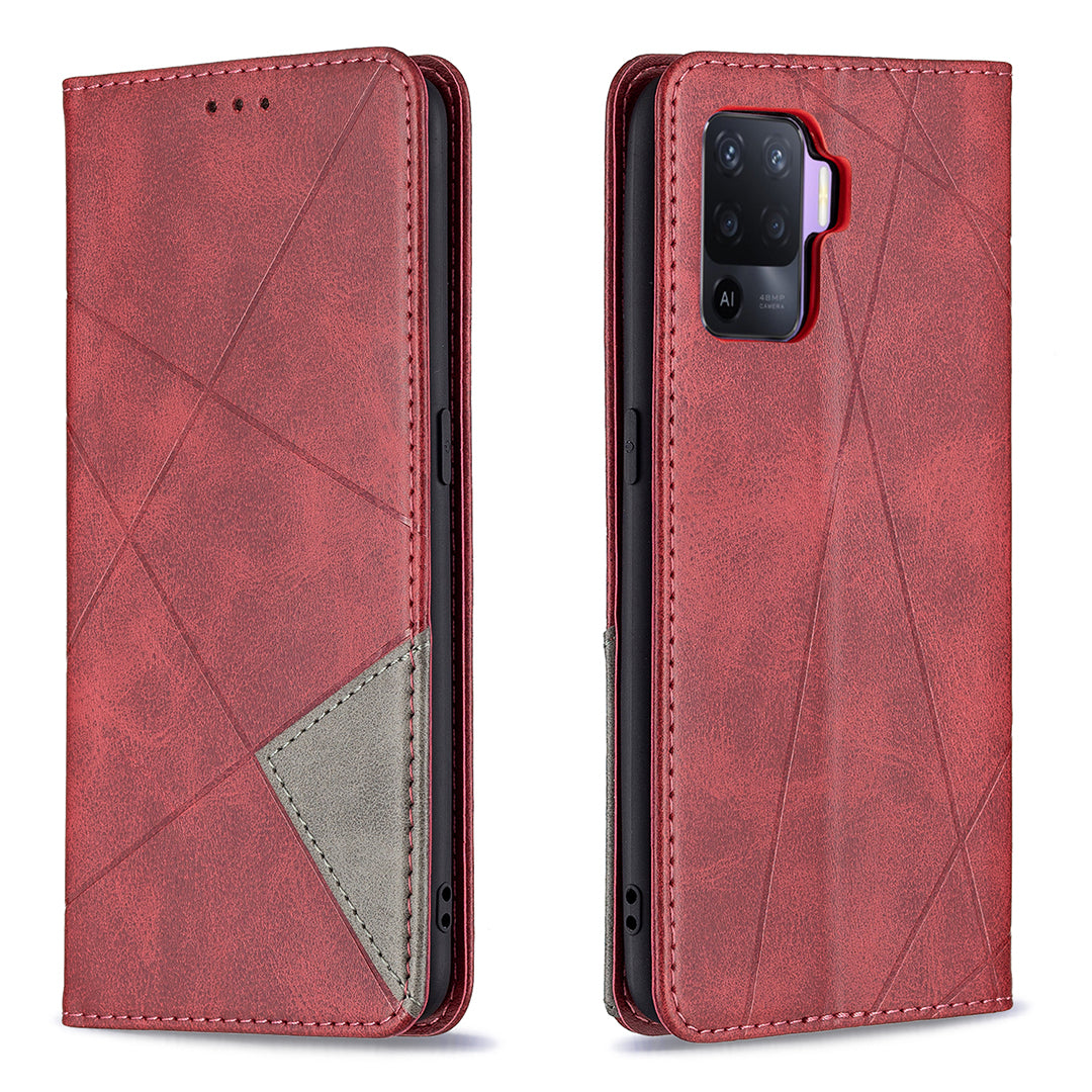 For Oppo A94 5G/F19 Pro+ 5G/A95 5G/Reno5 Z Card Holder Design Strong Magnet Rhombus-Like Imprinting Leather Stand Case Shell