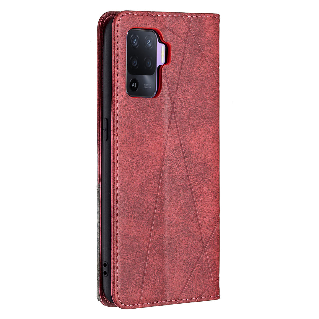 For Oppo A94 5G/F19 Pro+ 5G/A95 5G/Reno5 Z Card Holder Design Strong Magnet Rhombus-Like Imprinting Leather Stand Case Shell