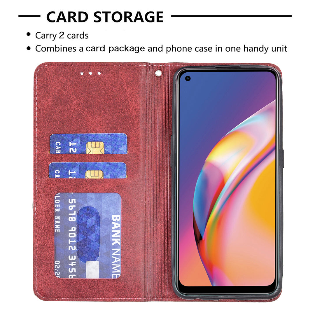 For Oppo A94 5G/F19 Pro+ 5G/A95 5G/Reno5 Z Card Holder Design Strong Magnet Rhombus-Like Imprinting Leather Stand Case Shell