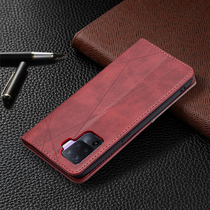 For Oppo A94 5G/F19 Pro+ 5G/A95 5G/Reno5 Z Card Holder Design Strong Magnet Rhombus-Like Imprinting Leather Stand Case Shell