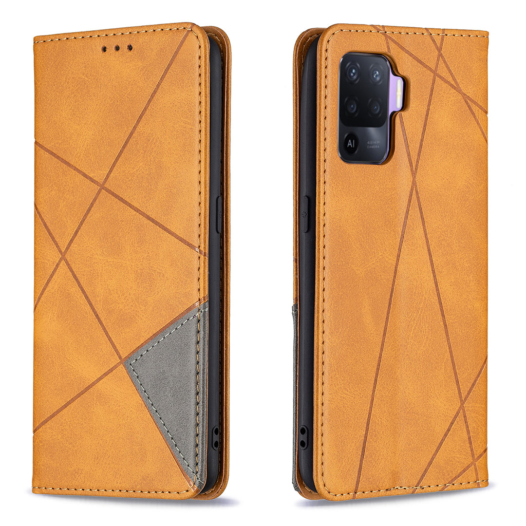 For Oppo A94 5G/F19 Pro+ 5G/A95 5G/Reno5 Z Card Holder Design Strong Magnet Rhombus-Like Imprinting Leather Stand Case Shell