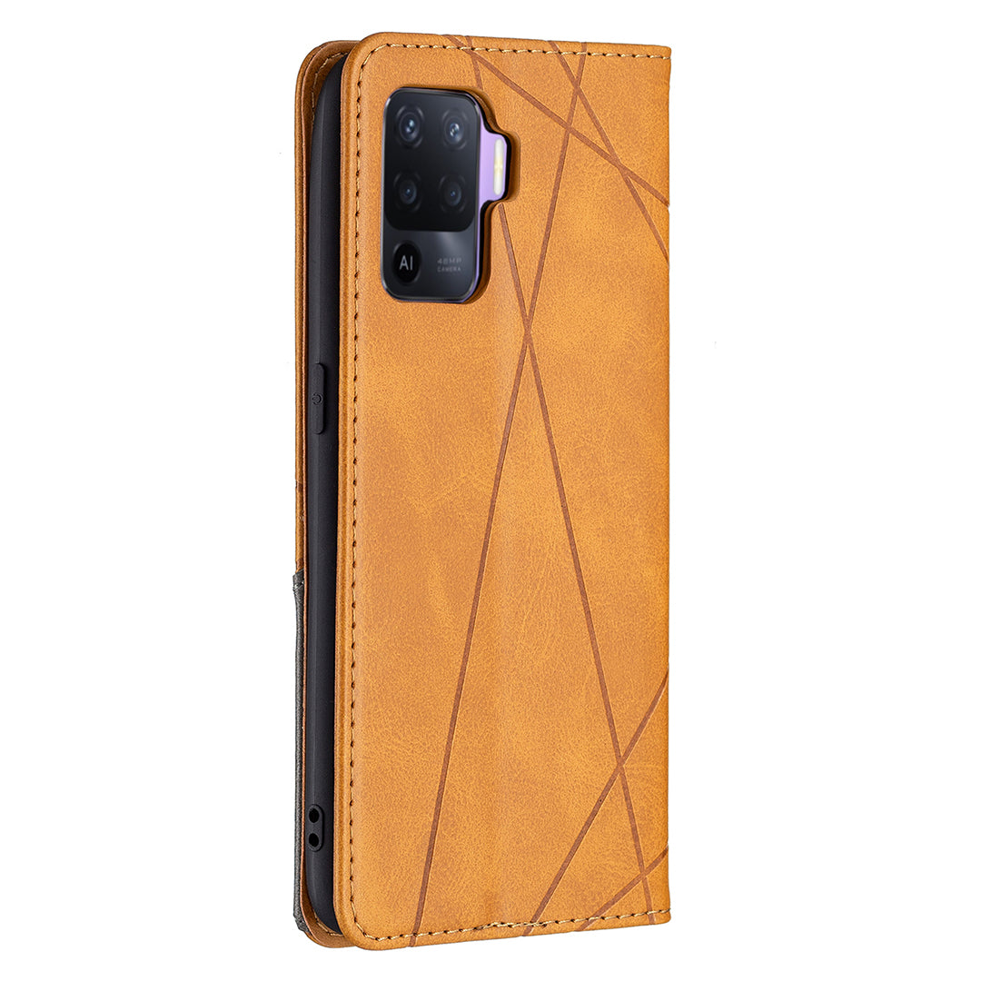 For Oppo A94 5G/F19 Pro+ 5G/A95 5G/Reno5 Z Card Holder Design Strong Magnet Rhombus-Like Imprinting Leather Stand Case Shell