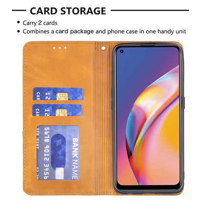 For Oppo A94 5G/F19 Pro+ 5G/A95 5G/Reno5 Z Card Holder Design Strong Magnet Rhombus-Like Imprinting Leather Stand Case Shell