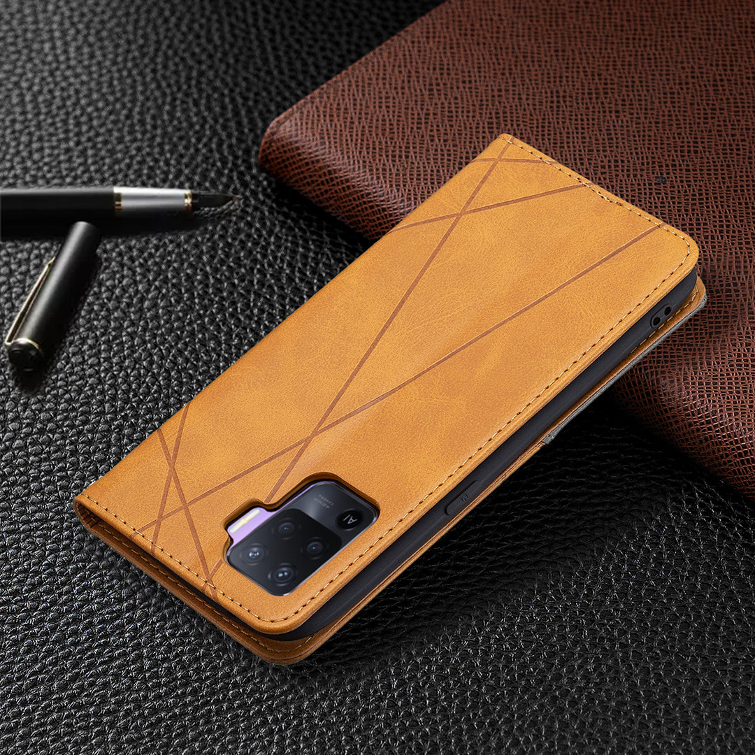 For Oppo A94 5G/F19 Pro+ 5G/A95 5G/Reno5 Z Card Holder Design Strong Magnet Rhombus-Like Imprinting Leather Stand Case Shell