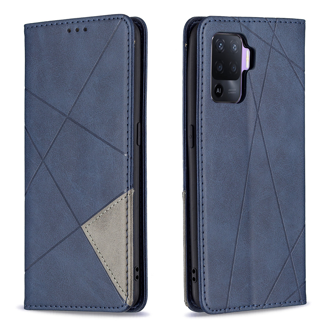 For Oppo A94 5G/F19 Pro+ 5G/A95 5G/Reno5 Z Card Holder Design Strong Magnet Rhombus-Like Imprinting Leather Stand Case Shell