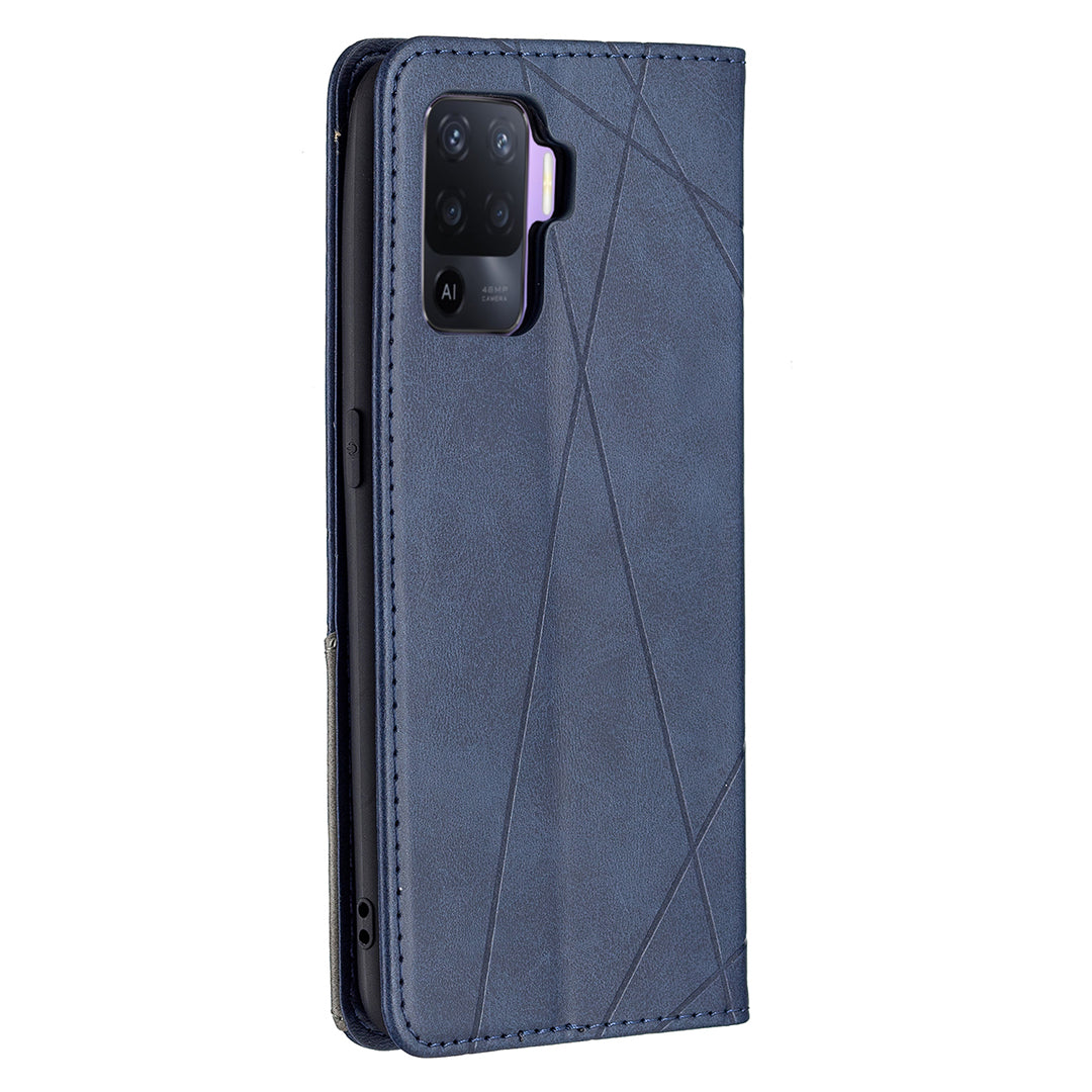 For Oppo A94 5G/F19 Pro+ 5G/A95 5G/Reno5 Z Card Holder Design Strong Magnet Rhombus-Like Imprinting Leather Stand Case Shell