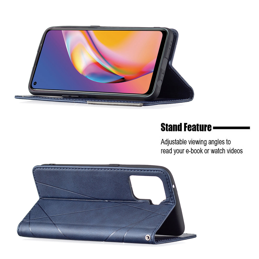 For Oppo A94 5G/F19 Pro+ 5G/A95 5G/Reno5 Z Card Holder Design Strong Magnet Rhombus-Like Imprinting Leather Stand Case Shell