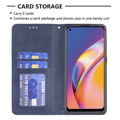 For Oppo A94 5G/F19 Pro+ 5G/A95 5G/Reno5 Z Card Holder Design Strong Magnet Rhombus-Like Imprinting Leather Stand Case Shell