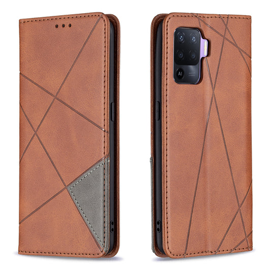 For Oppo A94 5G/F19 Pro+ 5G/A95 5G/Reno5 Z Card Holder Design Strong Magnet Rhombus-Like Imprinting Leather Stand Case Shell