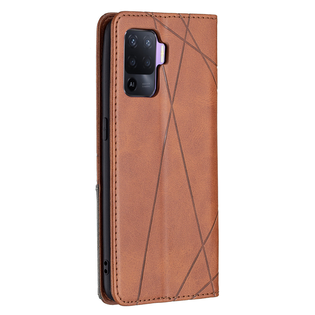 For Oppo A94 5G/F19 Pro+ 5G/A95 5G/Reno5 Z Card Holder Design Strong Magnet Rhombus-Like Imprinting Leather Stand Case Shell