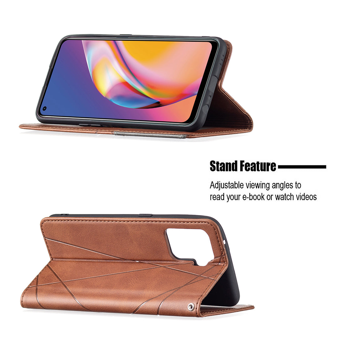 For Oppo A94 5G/F19 Pro+ 5G/A95 5G/Reno5 Z Card Holder Design Strong Magnet Rhombus-Like Imprinting Leather Stand Case Shell