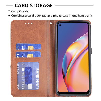 For Oppo A94 5G/F19 Pro+ 5G/A95 5G/Reno5 Z Card Holder Design Strong Magnet Rhombus-Like Imprinting Leather Stand Case Shell