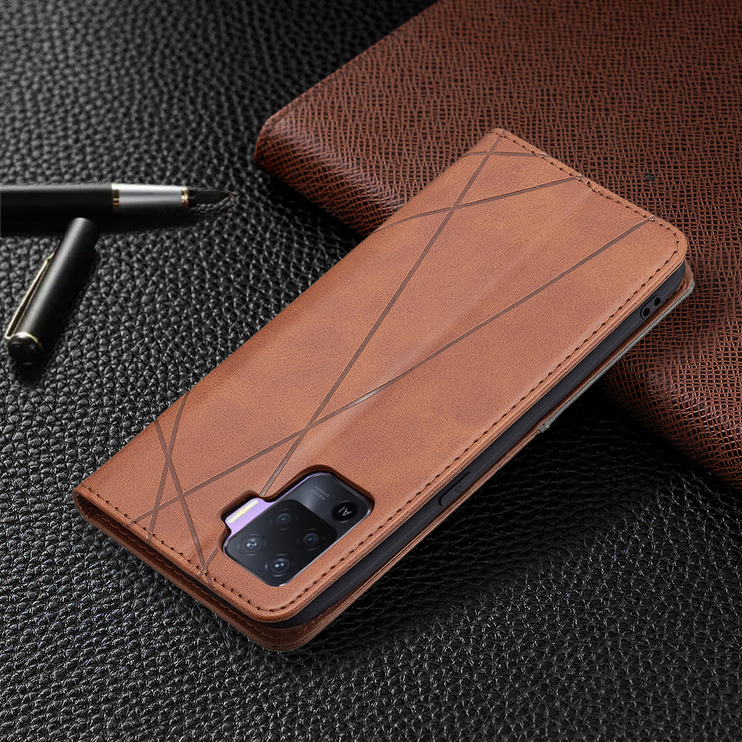 For Oppo A94 5G/F19 Pro+ 5G/A95 5G/Reno5 Z Card Holder Design Strong Magnet Rhombus-Like Imprinting Leather Stand Case Shell