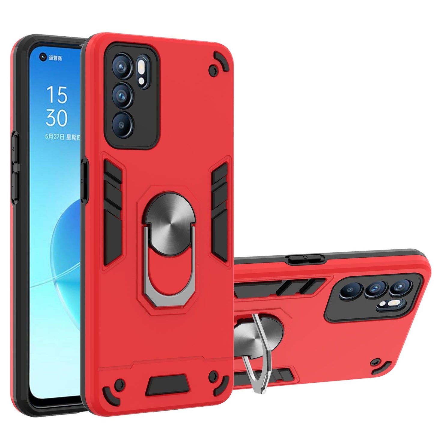 Hybrid Hard PC Soft TPU Shockproof Protective Case with Ring Car Mount Kickstand for Oppo Reno6 5G