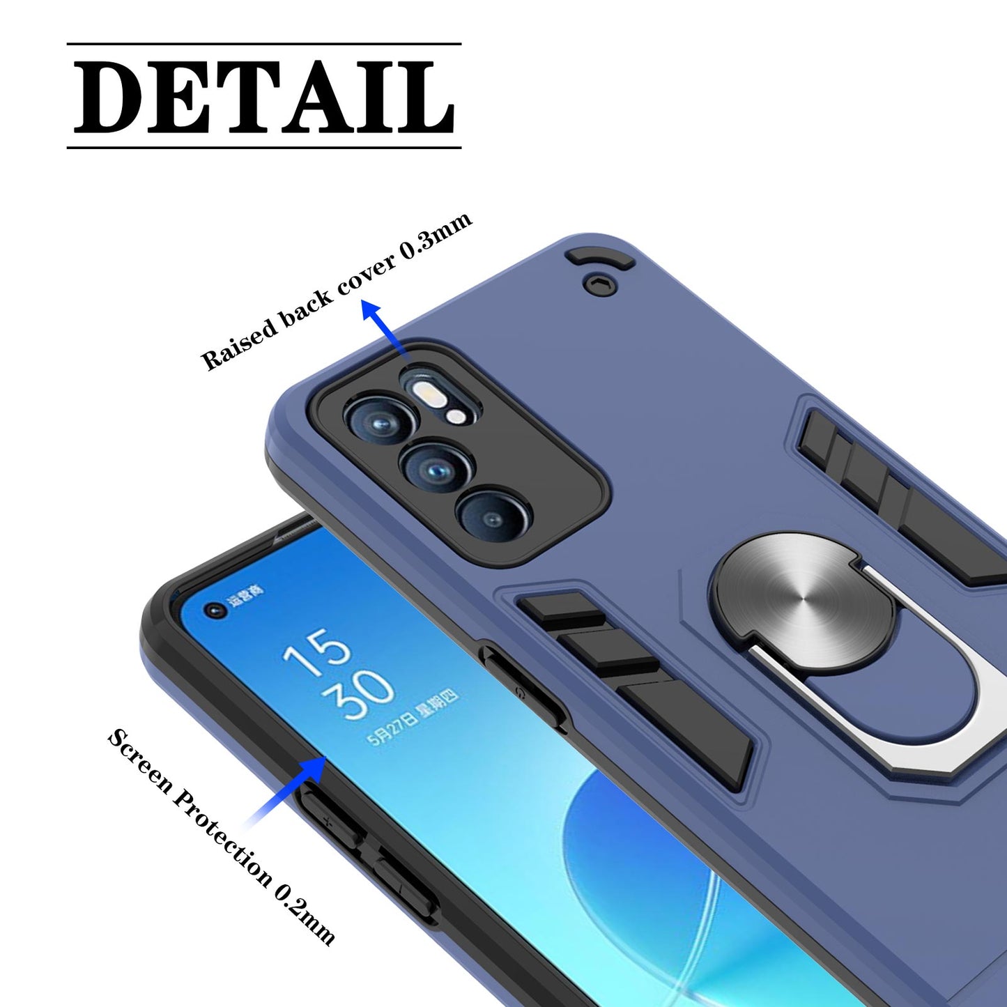 Hybrid Hard PC Soft TPU Shockproof Protective Case with Ring Car Mount Kickstand for Oppo Reno6 5G