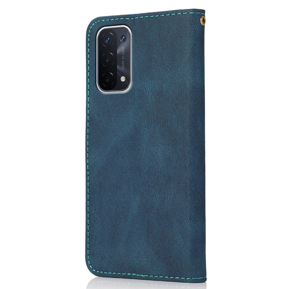 Double Color Premium PU Leather Wallet Stand Magnetic Flip Cover with Strap for Oppo A54 5G / A74 5G / A93 5G