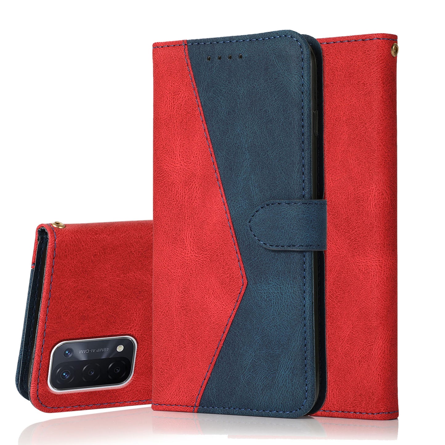 Double Color Premium PU Leather Wallet Stand Magnetic Flip Cover with Strap for Oppo A54 5G / A74 5G / A93 5G