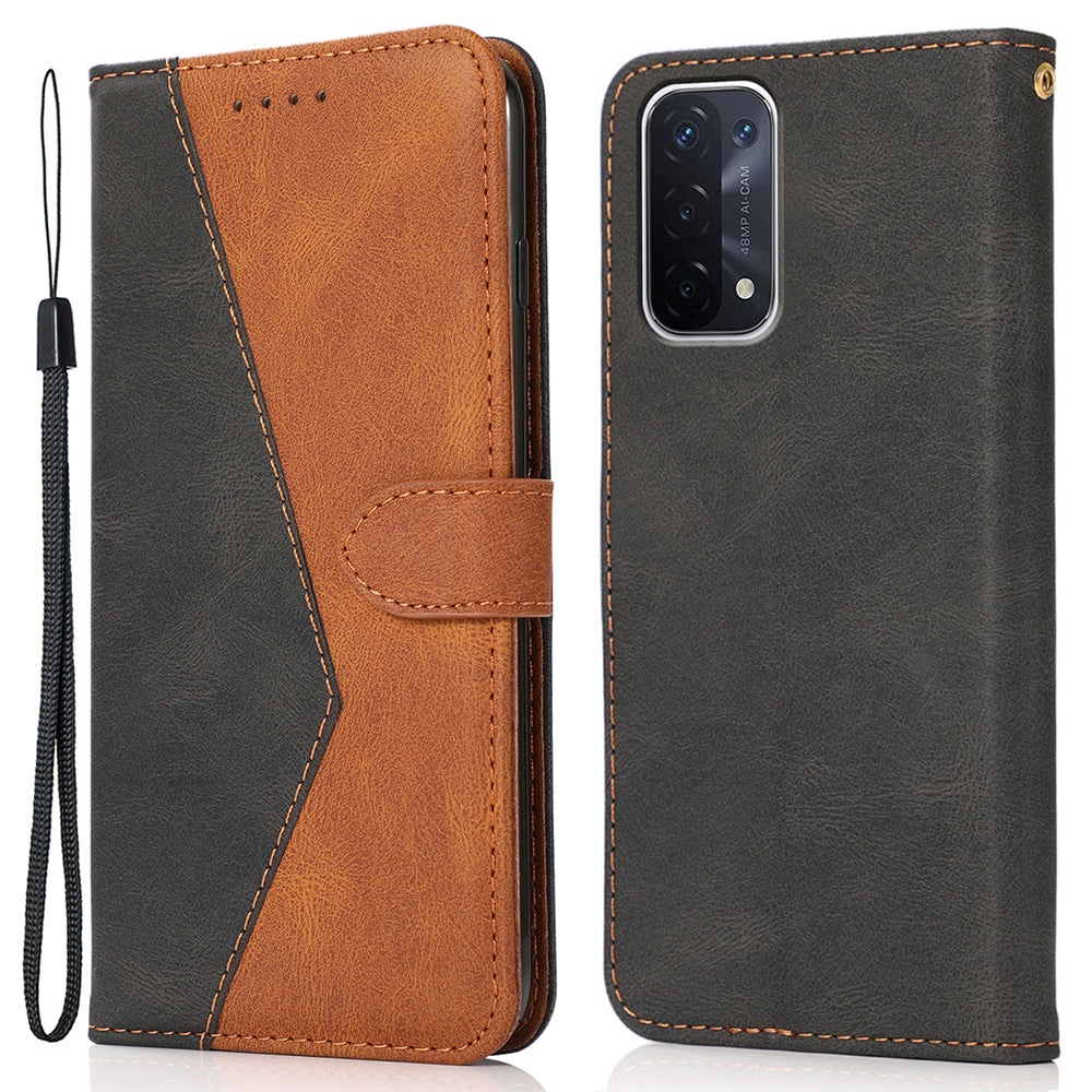 Double Color Premium PU Leather Wallet Stand Magnetic Flip Cover with Strap for Oppo A54 5G / A74 5G / A93 5G