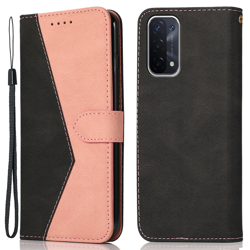 Double Color Premium PU Leather Wallet Stand Magnetic Flip Cover with Strap for Oppo A54 5G / A74 5G / A93 5G