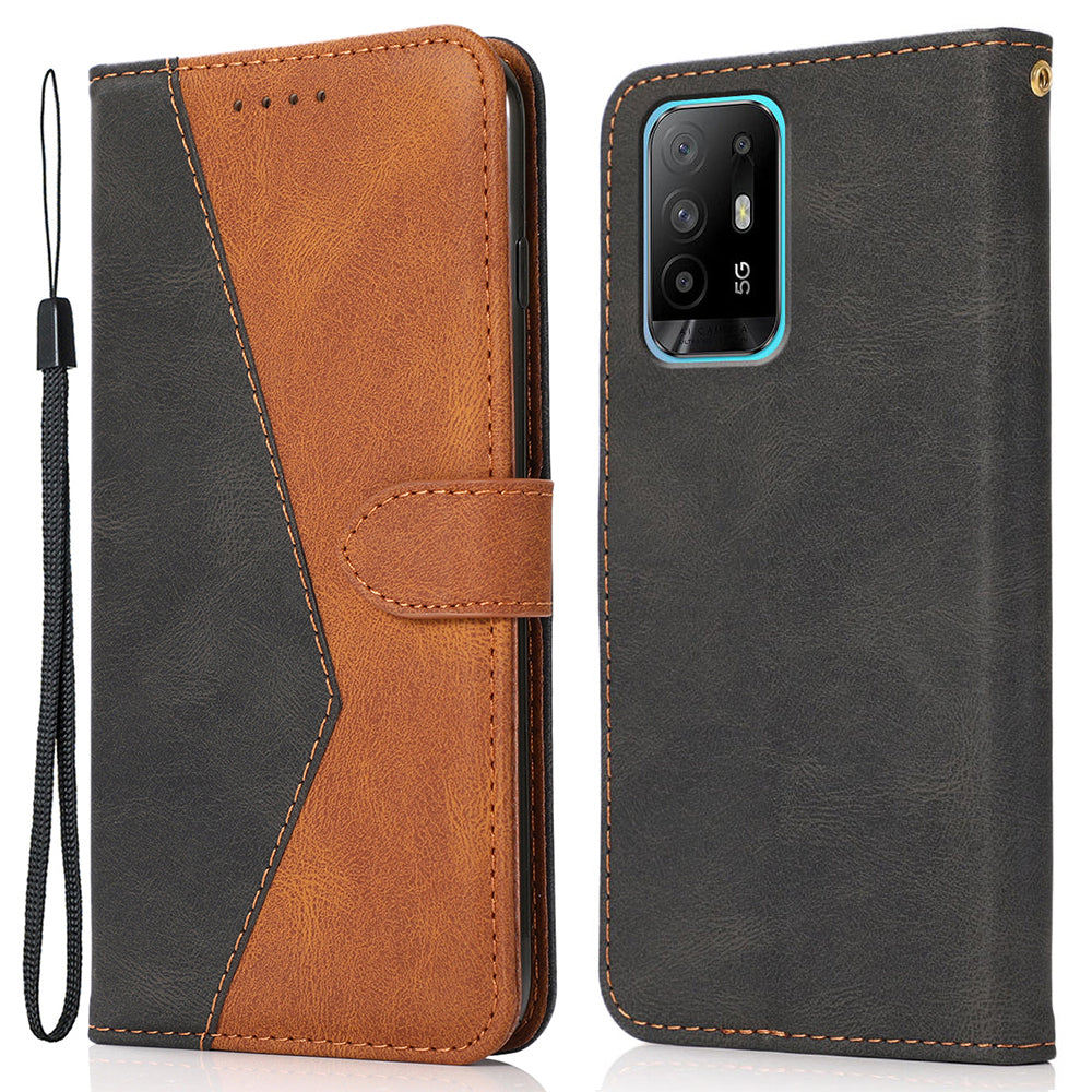 Anti-Fall Anti-Scratch Dual Color Wallet Leather Phone Case with Strap for Oppo A94 5G/A95 5G/F19 Pro+ 5G/Reno5 Z