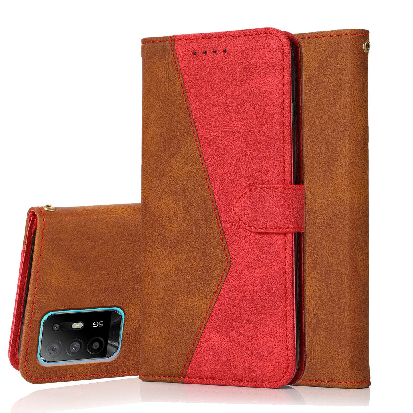 Anti-Fall Anti-Scratch Dual Color Wallet Leather Phone Case with Strap for Oppo A94 5G/A95 5G/F19 Pro+ 5G/Reno5 Z