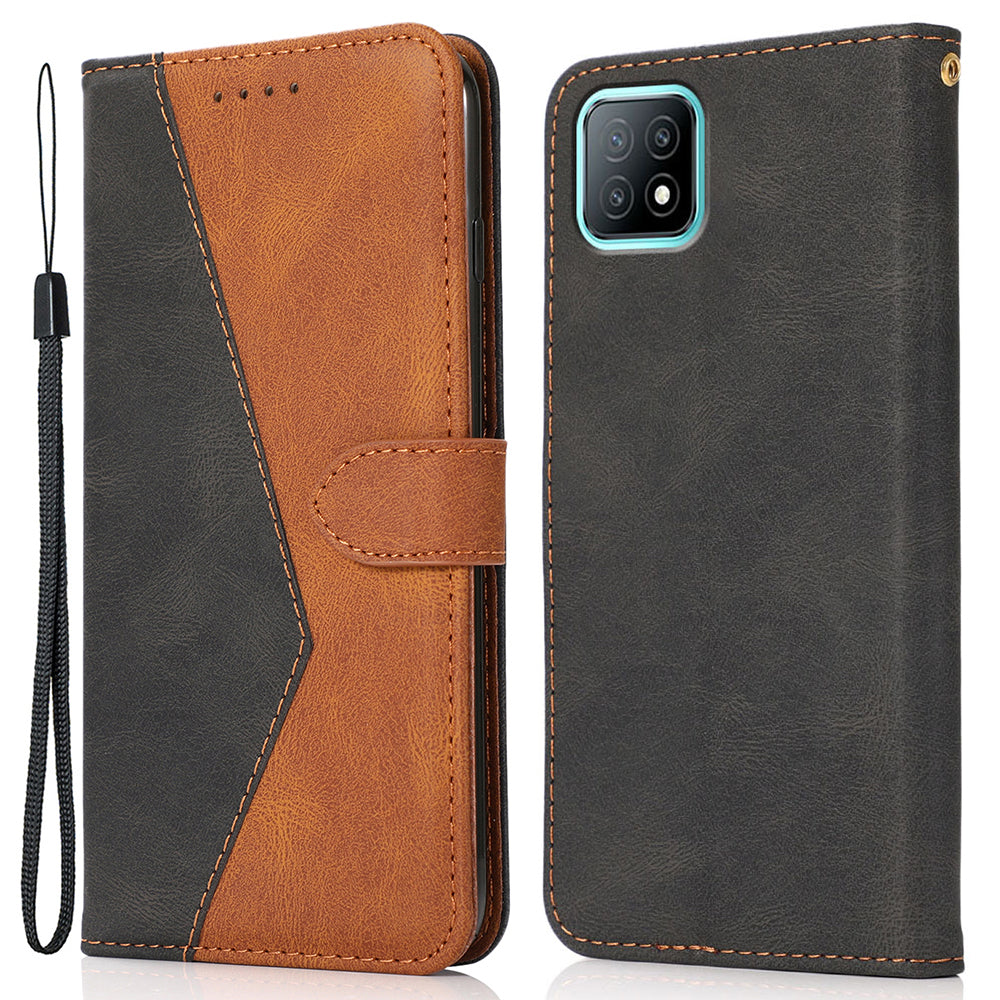 Stylish Anti-Scratch Dual Color Wallet Stand Leather Phone Cover with Strap for Oppo A53 5G