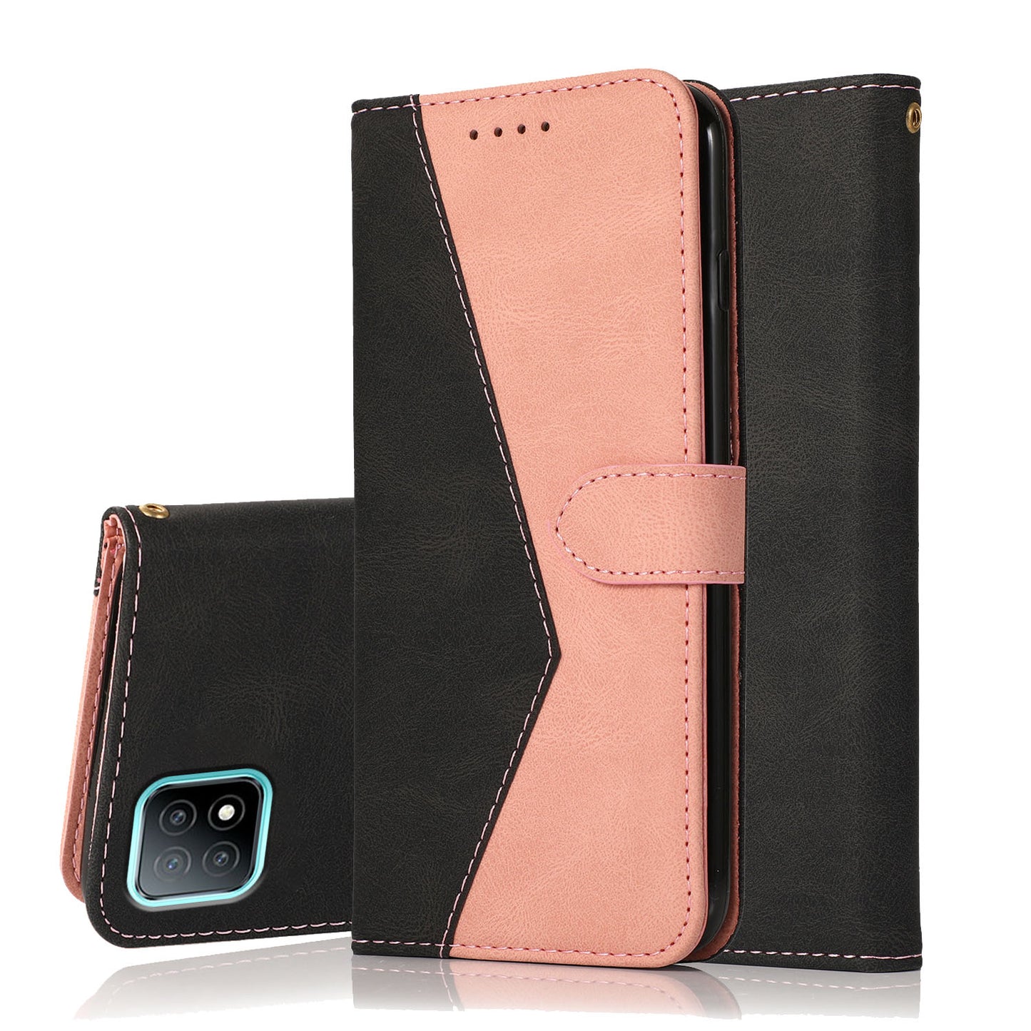 Stylish Anti-Scratch Dual Color Wallet Stand Leather Phone Cover with Strap for Oppo A53 5G