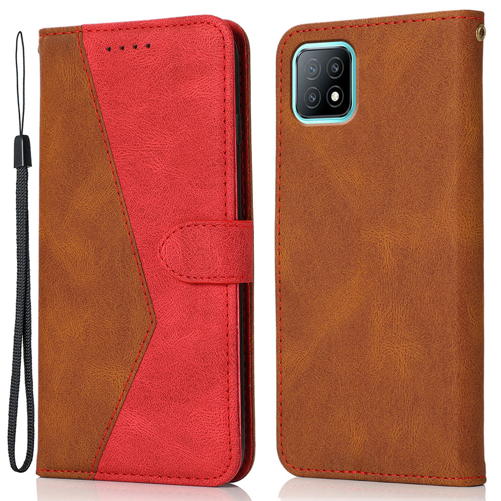 Stylish Anti-Scratch Dual Color Wallet Stand Leather Phone Cover with Strap for Oppo A53 5G