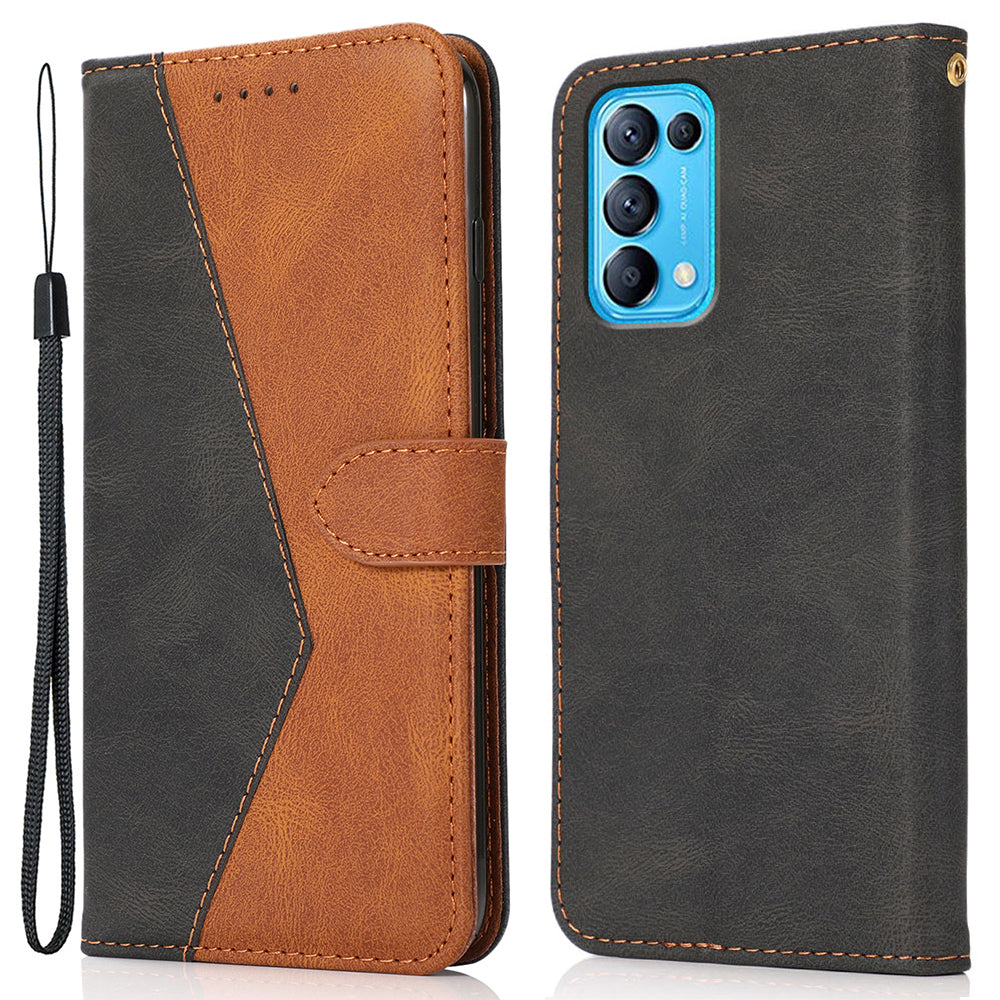 Dual-Color Splicing Stand Flip PU Leather Wallet Case with Strap for Oppo Find X3 Lite / Reno5 5G / Reno5 4G / Reno5 K