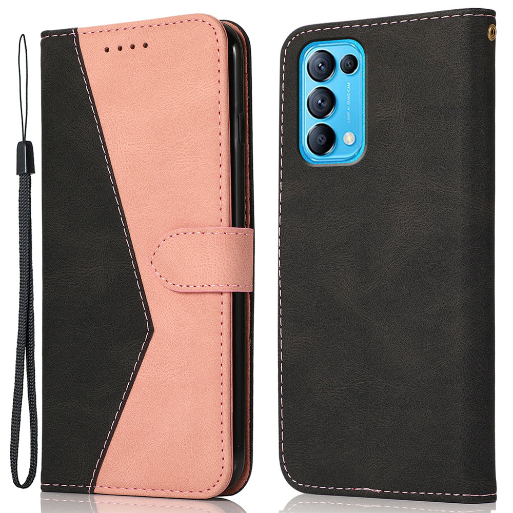 Dual-Color Splicing Stand Flip PU Leather Wallet Case with Strap for Oppo Find X3 Lite / Reno5 5G / Reno5 4G / Reno5 K