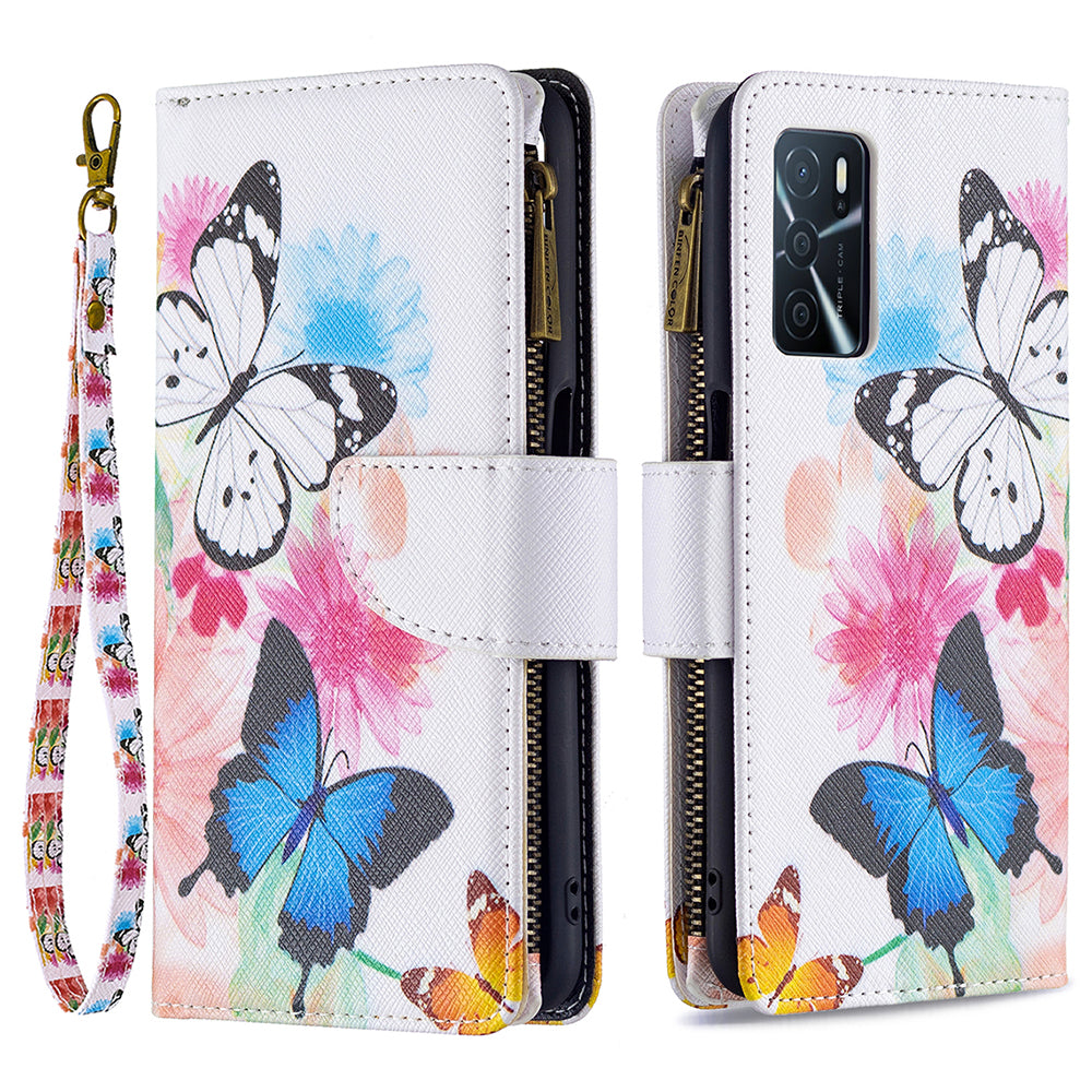 Pattern Printing PU Leather Wallet Shockproof Flip Cover Zipper Pocket Case with Stand and Strap for Oppo A16/A16s/A54s