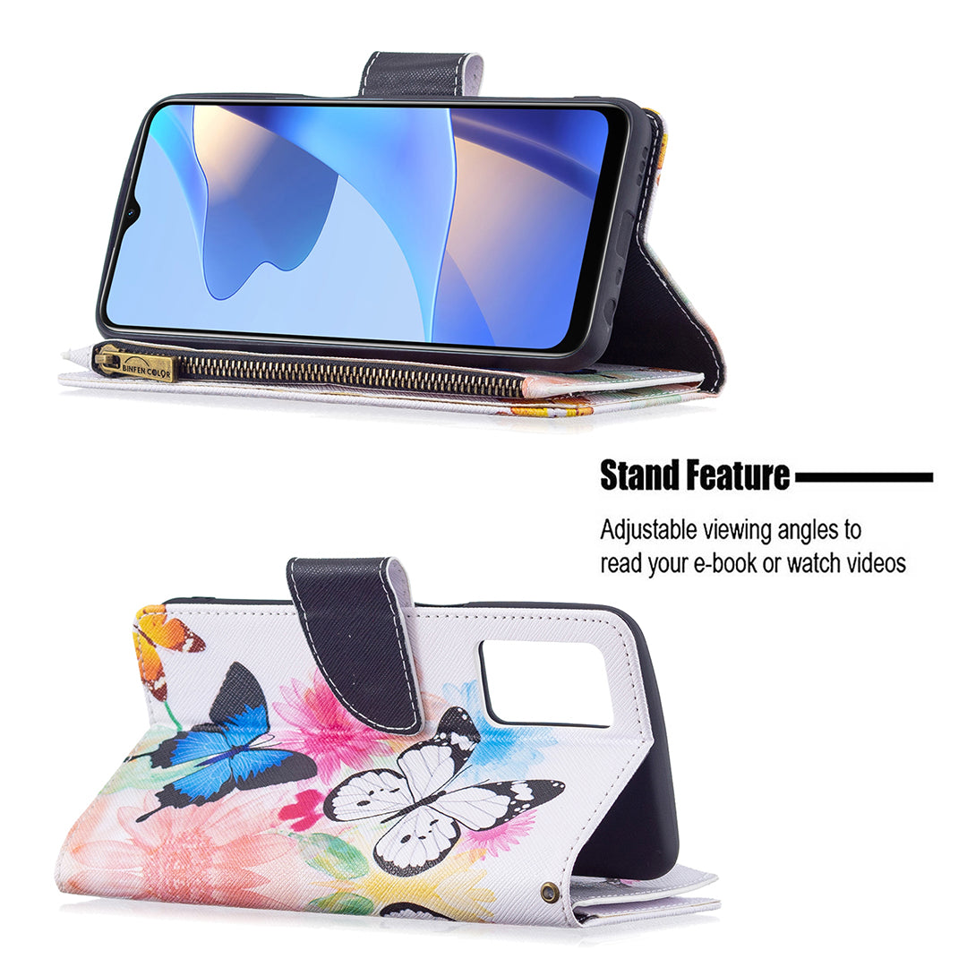 Pattern Printing PU Leather Wallet Shockproof Flip Cover Zipper Pocket Case with Stand and Strap for Oppo A16/A16s/A54s