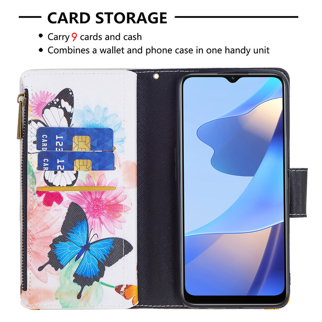 Pattern Printing PU Leather Wallet Shockproof Flip Cover Zipper Pocket Case with Stand and Strap for Oppo A16/A16s/A54s