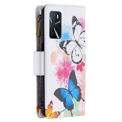 Pattern Printing PU Leather Wallet Shockproof Flip Cover Zipper Pocket Case with Stand and Strap for Oppo A16/A16s/A54s