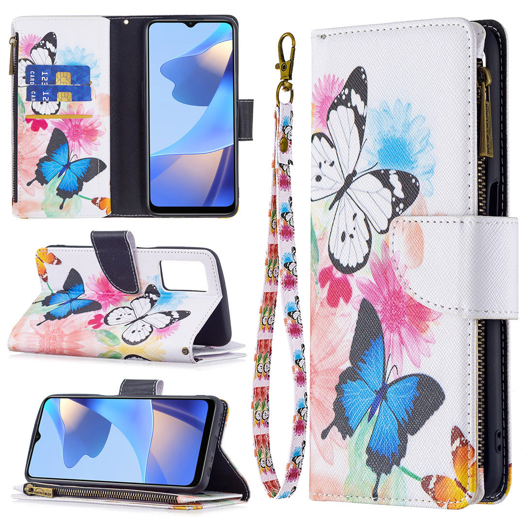 Pattern Printing PU Leather Wallet Shockproof Flip Cover Zipper Pocket Case with Stand and Strap for Oppo A16/A16s/A54s