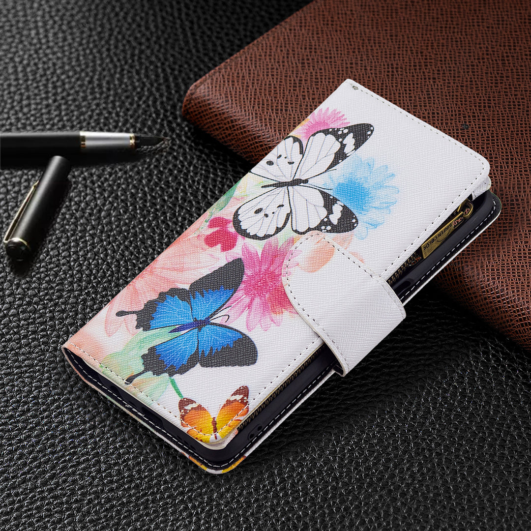 Pattern Printing PU Leather Wallet Shockproof Flip Cover Zipper Pocket Case with Stand and Strap for Oppo A16/A16s/A54s