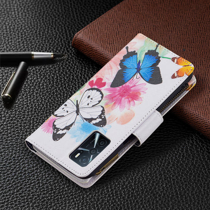 Pattern Printing PU Leather Wallet Shockproof Flip Cover Zipper Pocket Case with Stand and Strap for Oppo A16/A16s/A54s