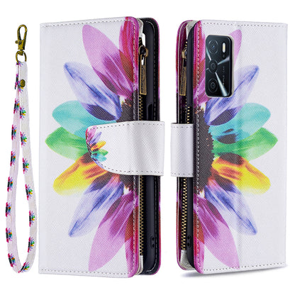 Pattern Printing PU Leather Wallet Shockproof Flip Cover Zipper Pocket Case with Stand and Strap for Oppo A16/A16s/A54s