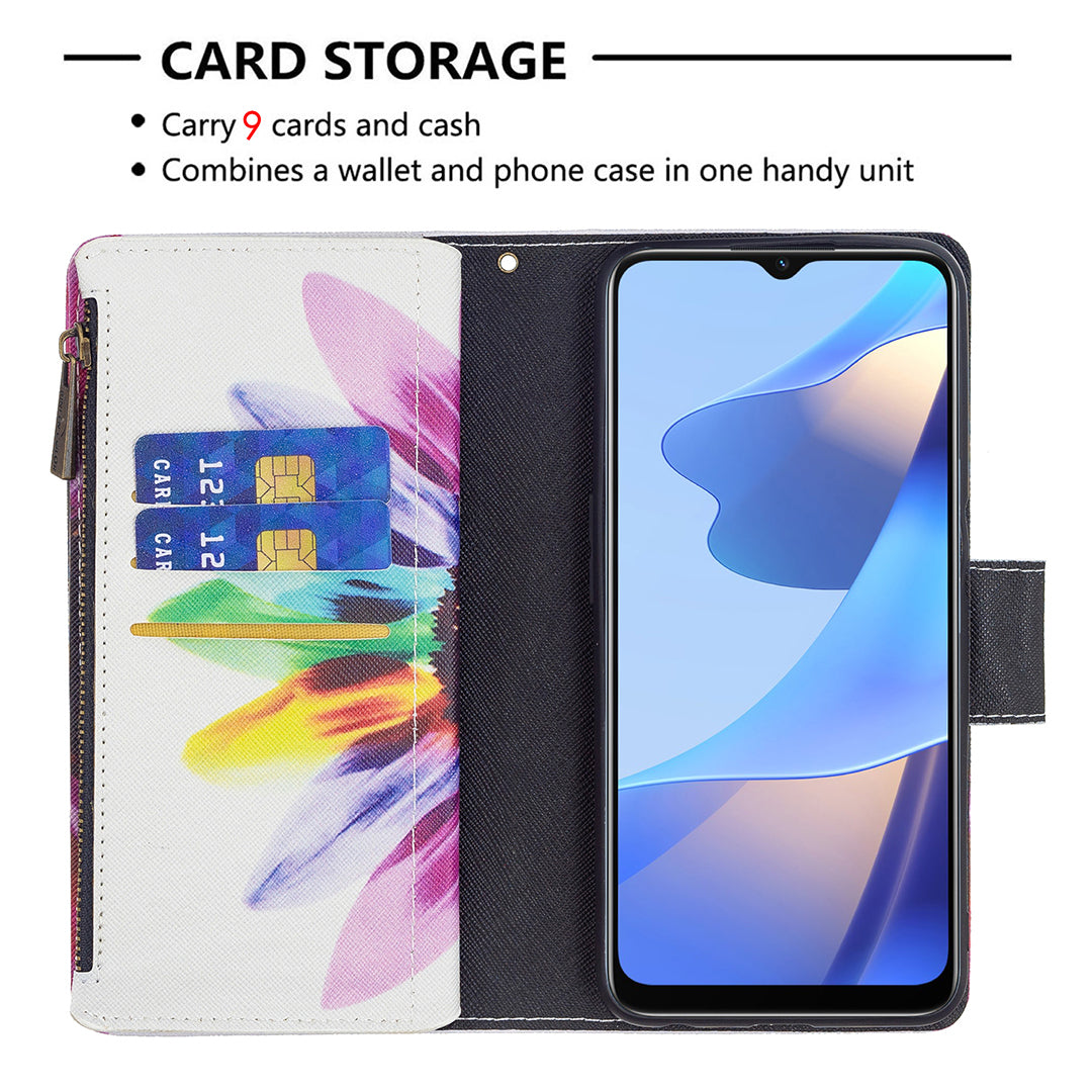 Pattern Printing PU Leather Wallet Shockproof Flip Cover Zipper Pocket Case with Stand and Strap for Oppo A16/A16s/A54s