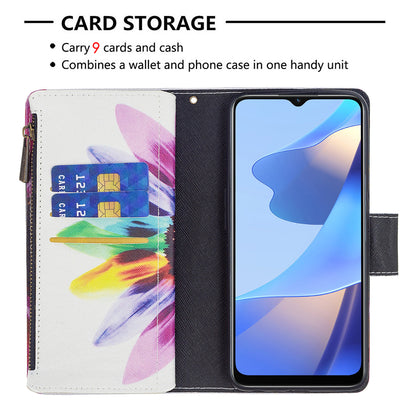 Pattern Printing PU Leather Wallet Shockproof Flip Cover Zipper Pocket Case with Stand and Strap for Oppo A16/A16s/A54s