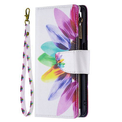 Pattern Printing PU Leather Wallet Shockproof Flip Cover Zipper Pocket Case with Stand and Strap for Oppo A16/A16s/A54s