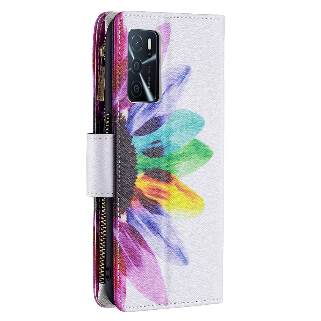 Pattern Printing PU Leather Wallet Shockproof Flip Cover Zipper Pocket Case with Stand and Strap for Oppo A16/A16s/A54s