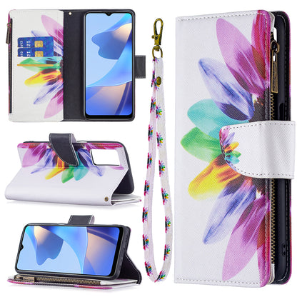 Pattern Printing PU Leather Wallet Shockproof Flip Cover Zipper Pocket Case with Stand and Strap for Oppo A16/A16s/A54s